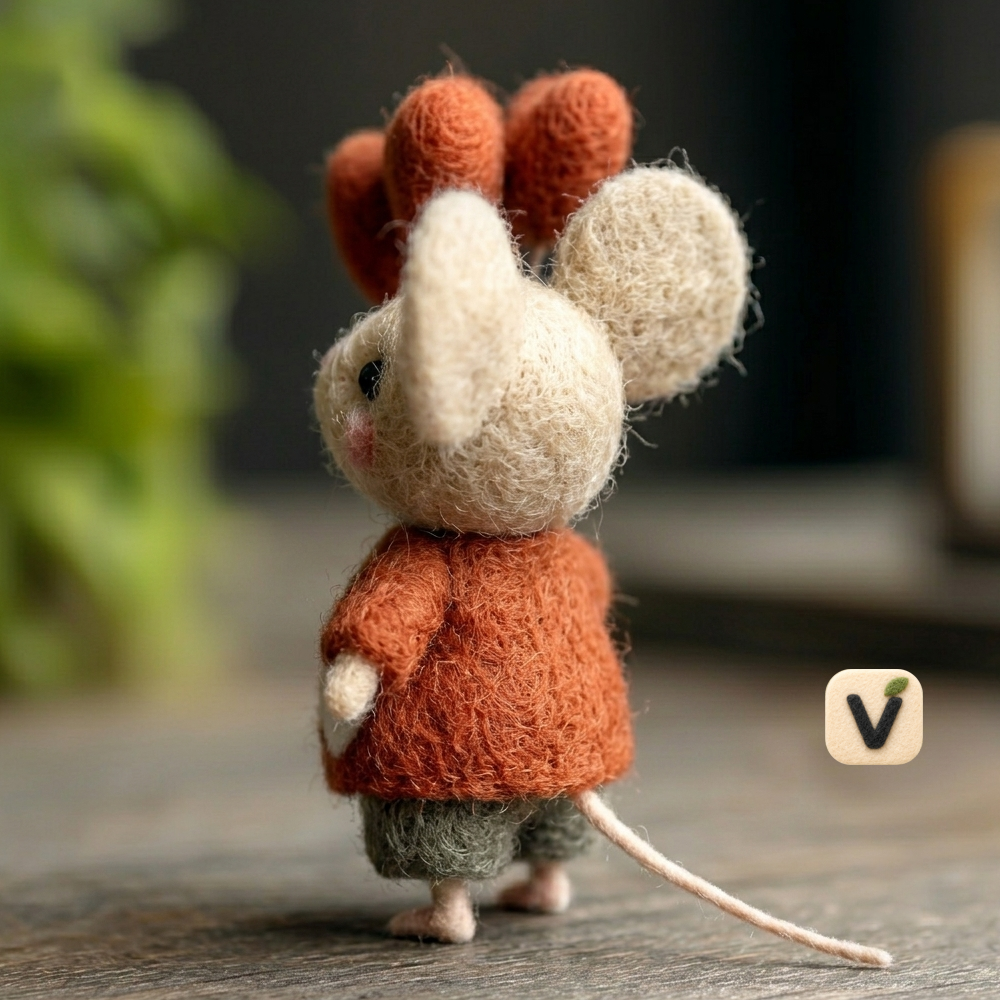 Handmade Wool Felt Cute Mouse with Heart Balloons Figurine – Romantic Love Themed Decor