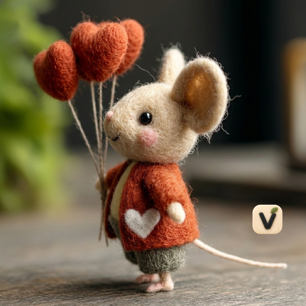 Handmade Wool Felt Cute Mouse with Heart Balloons Figurine – Romantic Love Themed Decor