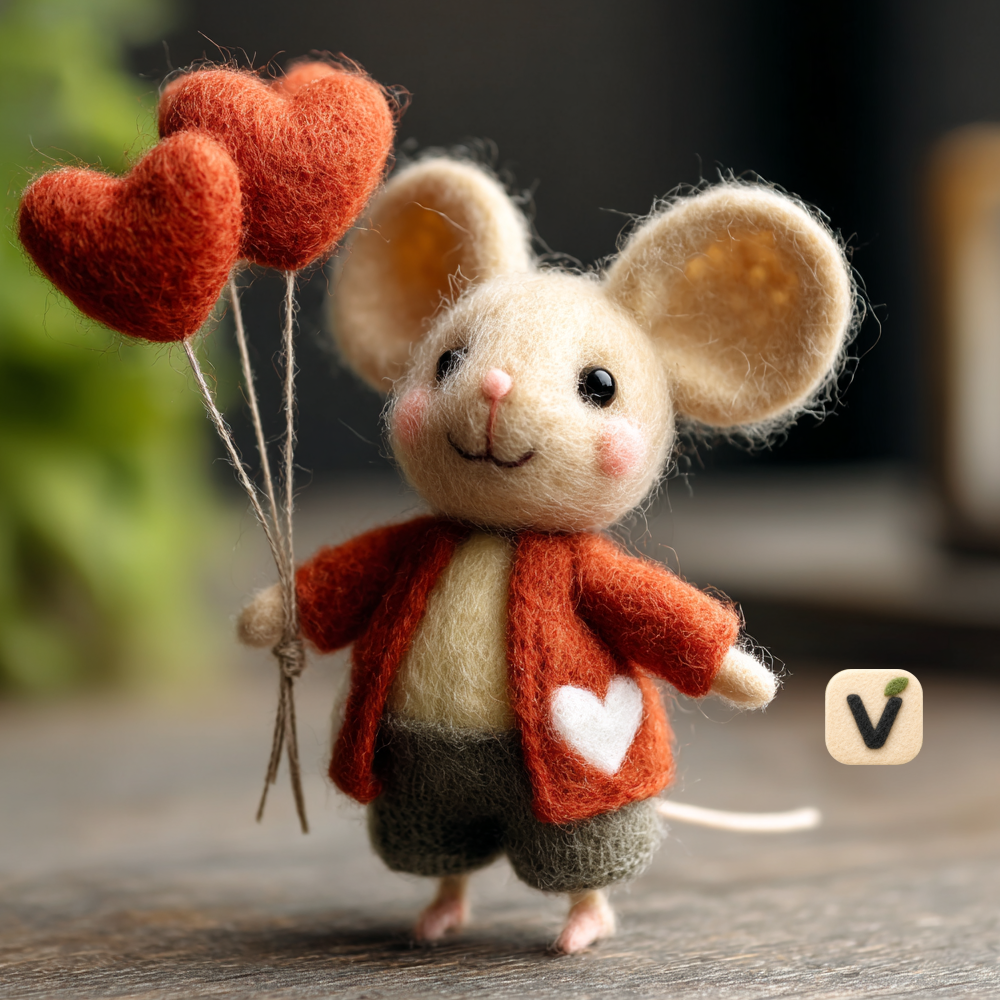 Handmade Wool Felt Cute Mouse with Heart Balloons Figurine – Romantic Love Themed Decor