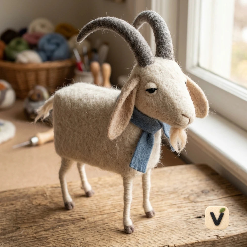 Handmade Wool Felt Gentle Goat with Blue Scarf – Pastoral Style Window Sill Desktop Ornament