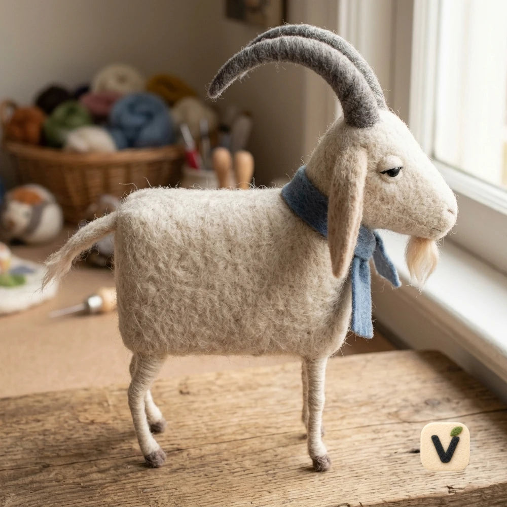 Handmade Wool Felt Gentle Goat with Blue Scarf – Pastoral Style Window Sill Desktop Ornament
