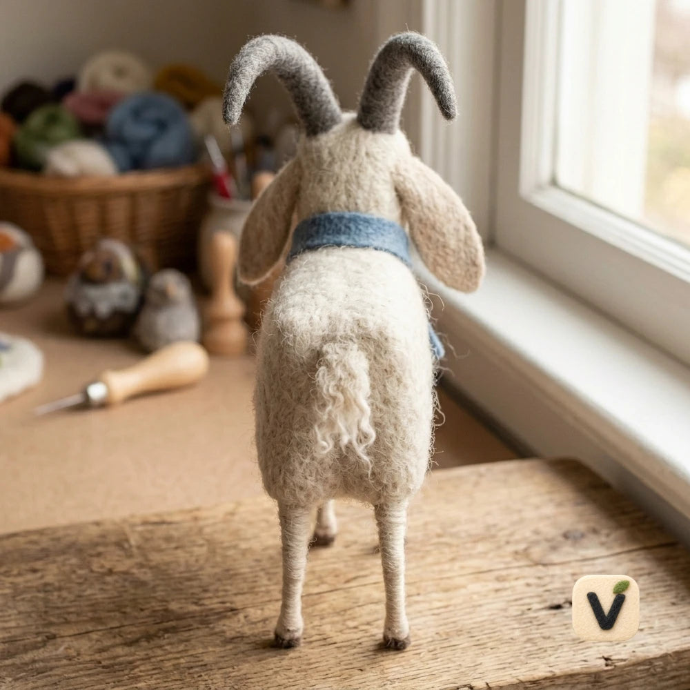 Handmade Wool Felt Gentle Goat with Blue Scarf – Pastoral Style Window Sill Desktop Ornament