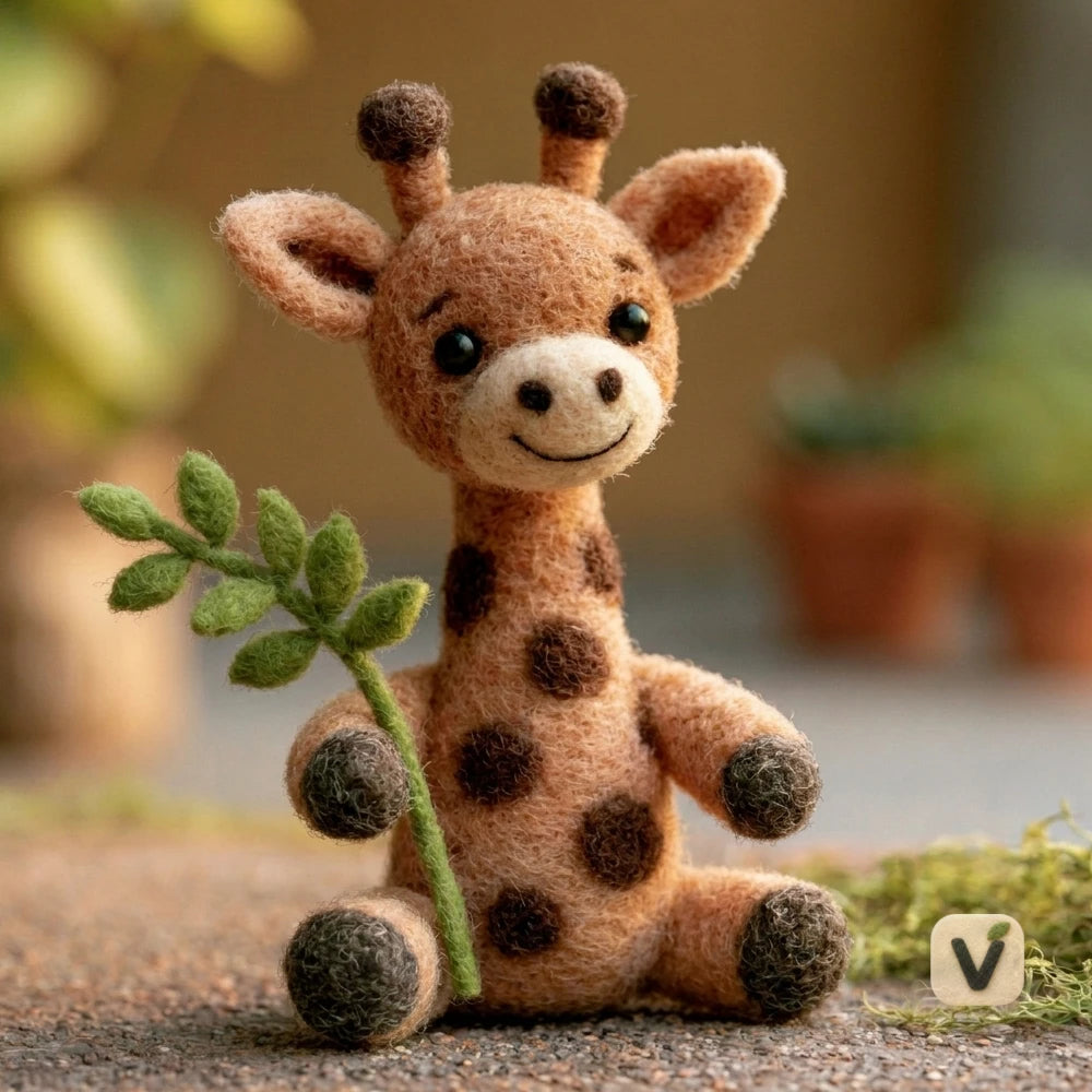 Handmade Wool Felt Sitting Giraffe Holding Leafy Branch – Jungle Animal Desktop Ornament