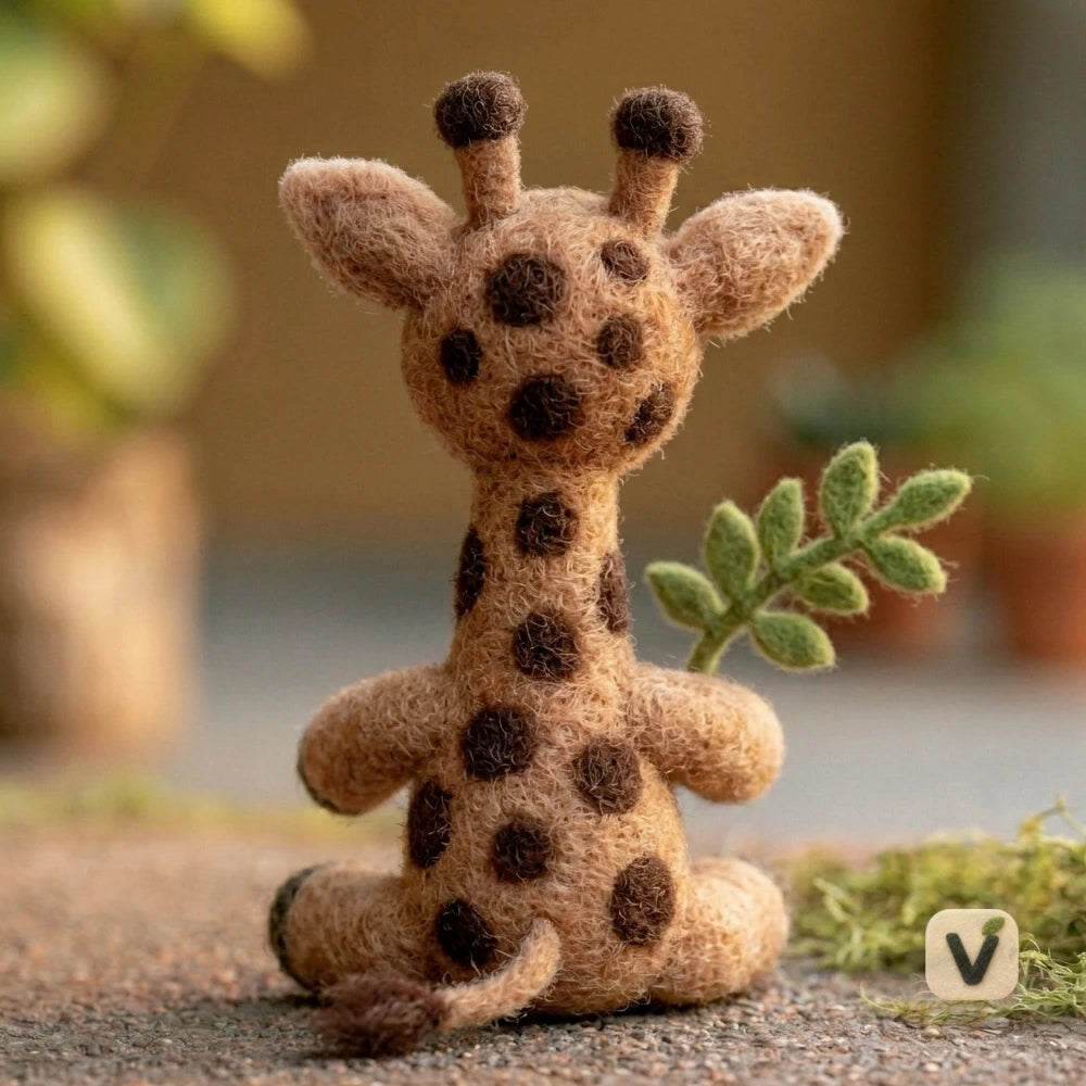 Handmade Wool Felt Sitting Giraffe Holding Leafy Branch – Jungle Animal Desktop Ornament