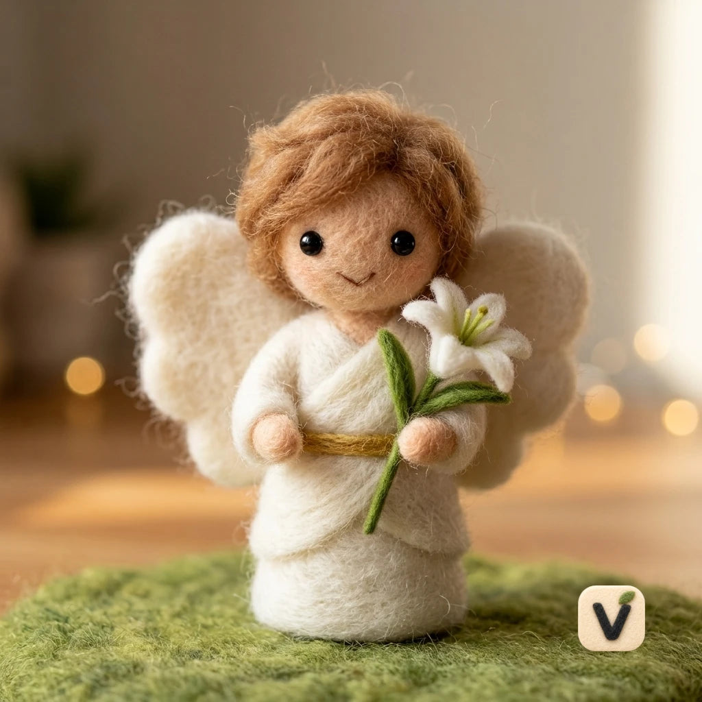 Handmade Wool Felt Angel Doll with Lily Flower & Cloud Wings – Blessing Themed Desktop Ornament