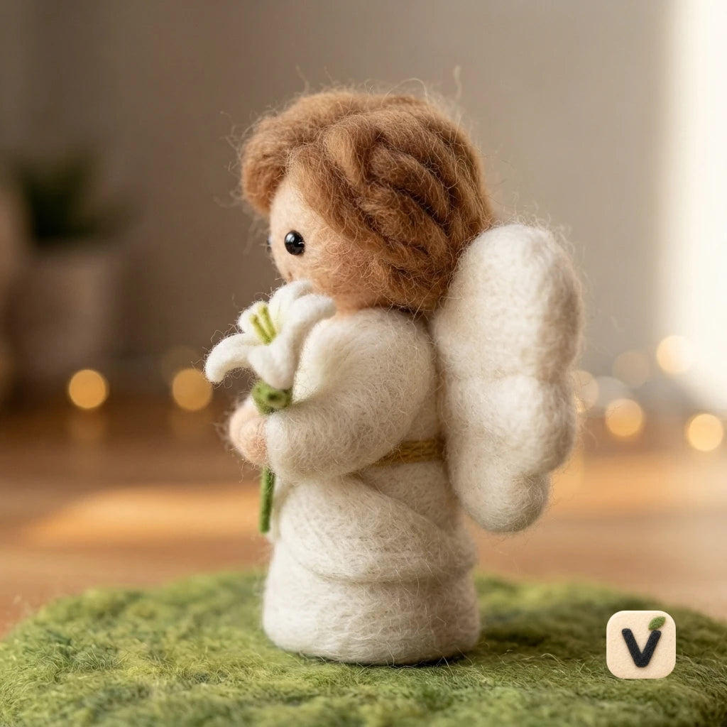 Handmade Wool Felt Angel Doll with Lily Flower & Cloud Wings – Blessing Themed Desktop Ornament