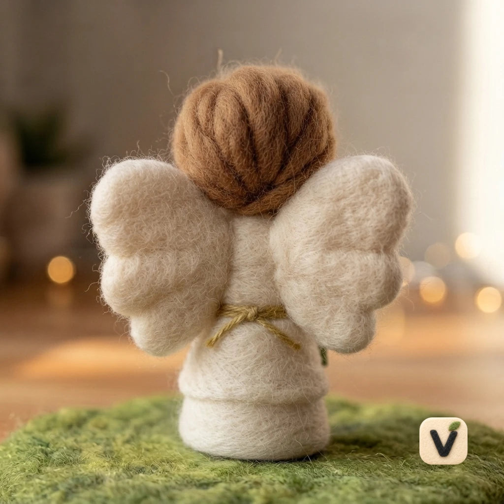 Handmade Wool Felt Angel Doll with Lily Flower & Cloud Wings – Blessing Themed Desktop Ornament