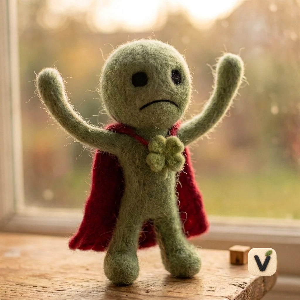 Handmade Wool Felt Lucky Clover Superhero Character Figurine with Red Cape – Unique Desktop Decor