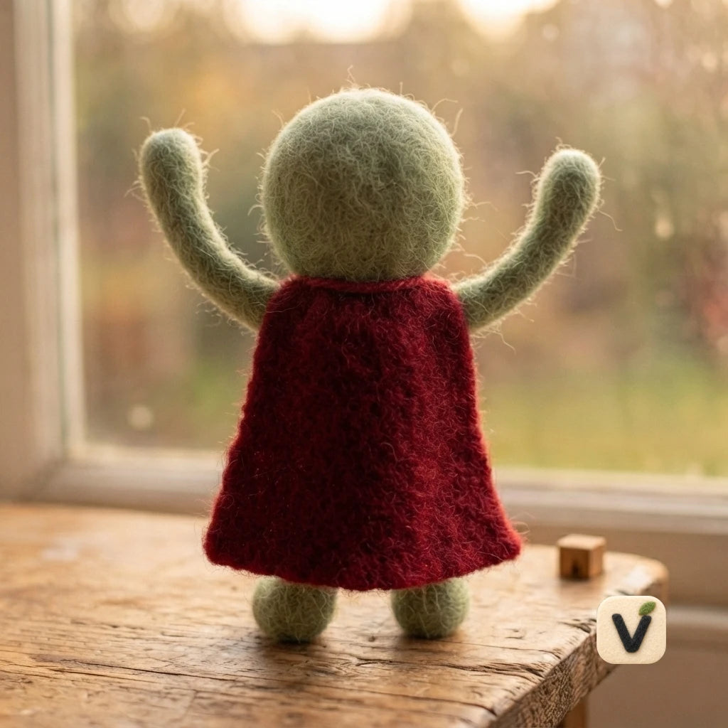 Handmade Wool Felt Lucky Clover Superhero Character Figurine with Red Cape – Unique Desktop Decor
