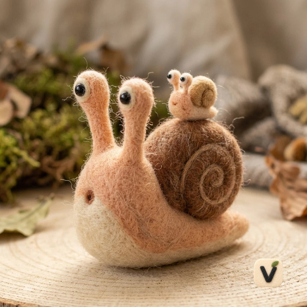Handmade Wool Felt Parent and Baby Snail Figurine Set – Forest Mini Creature Table Decor