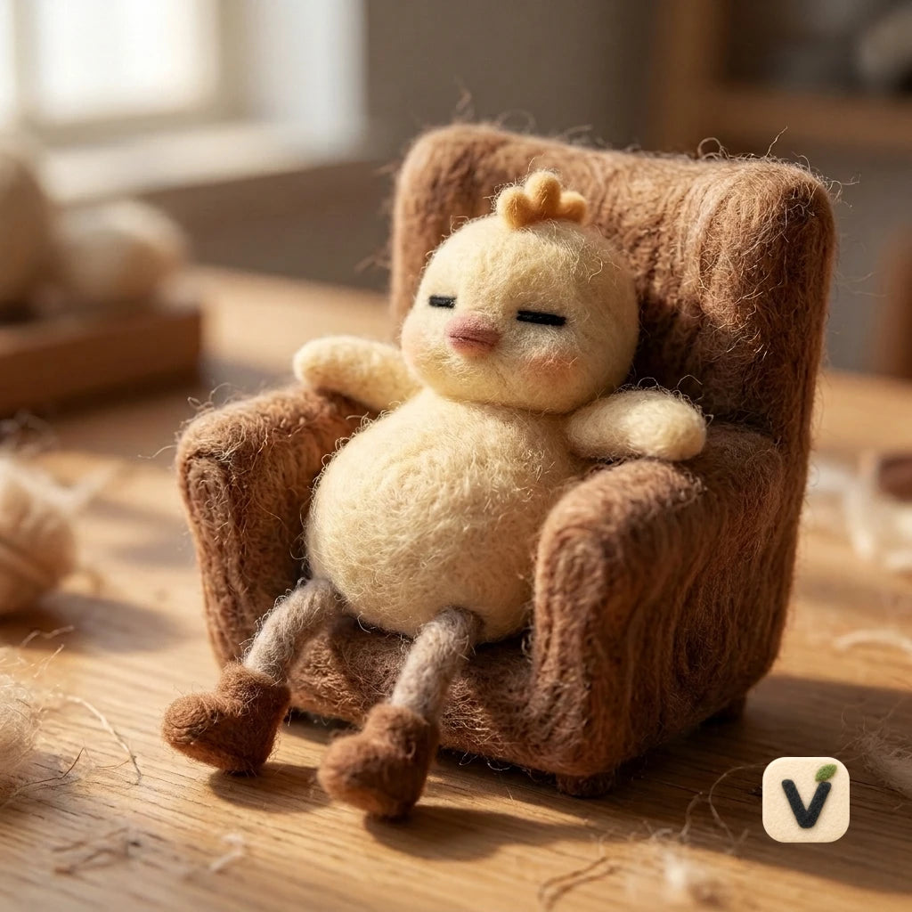 Handmade Wool Felt Lazy Chick Figurine with Mini Sofa – Relaxing Farm Animal Desktop Ornament