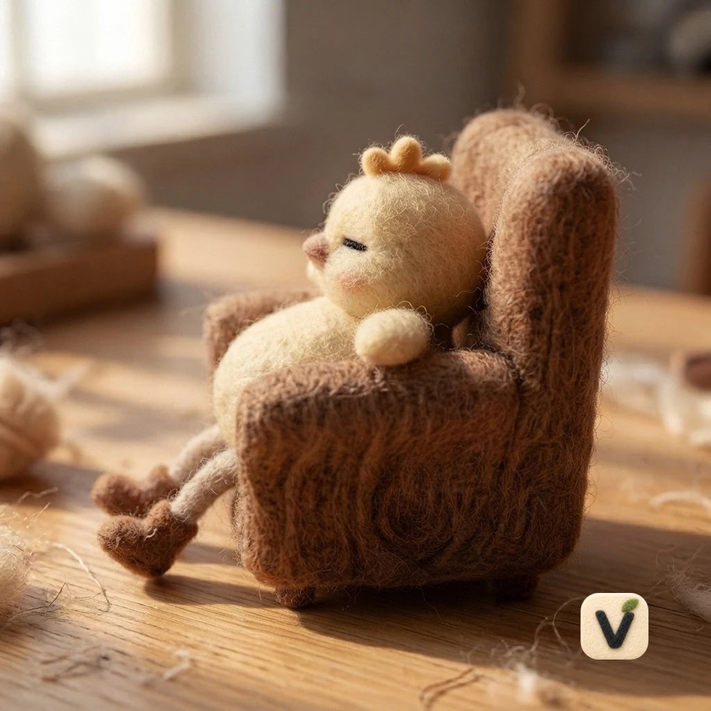Handmade Wool Felt Lazy Chick Figurine with Mini Sofa – Relaxing Farm Animal Desktop Ornament