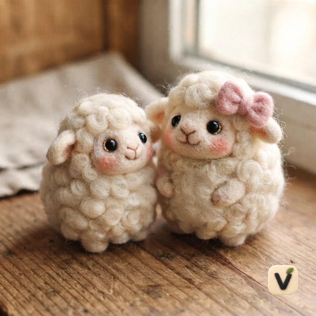 Handmade Wool Felt Couple Curly Sheep Figurine Set with Pink Bow – Pastoral Farm Table Decor