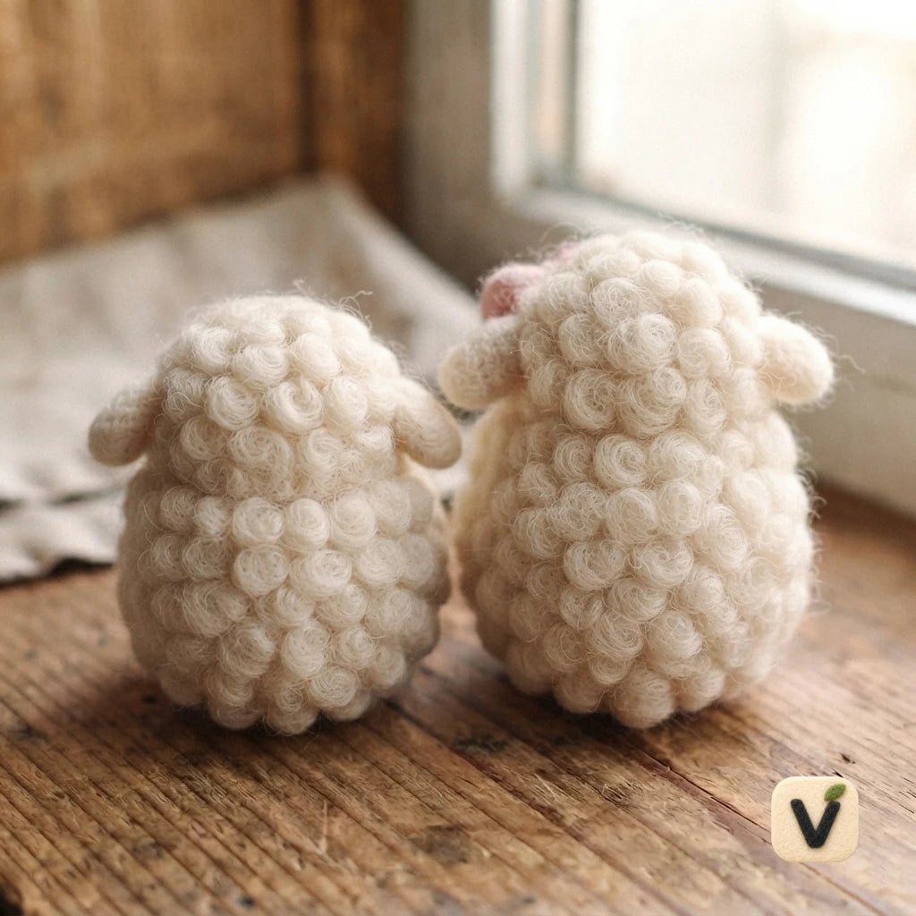 Handmade Wool Felt Couple Curly Sheep Figurine Set with Pink Bow – Pastoral Farm Table Decor