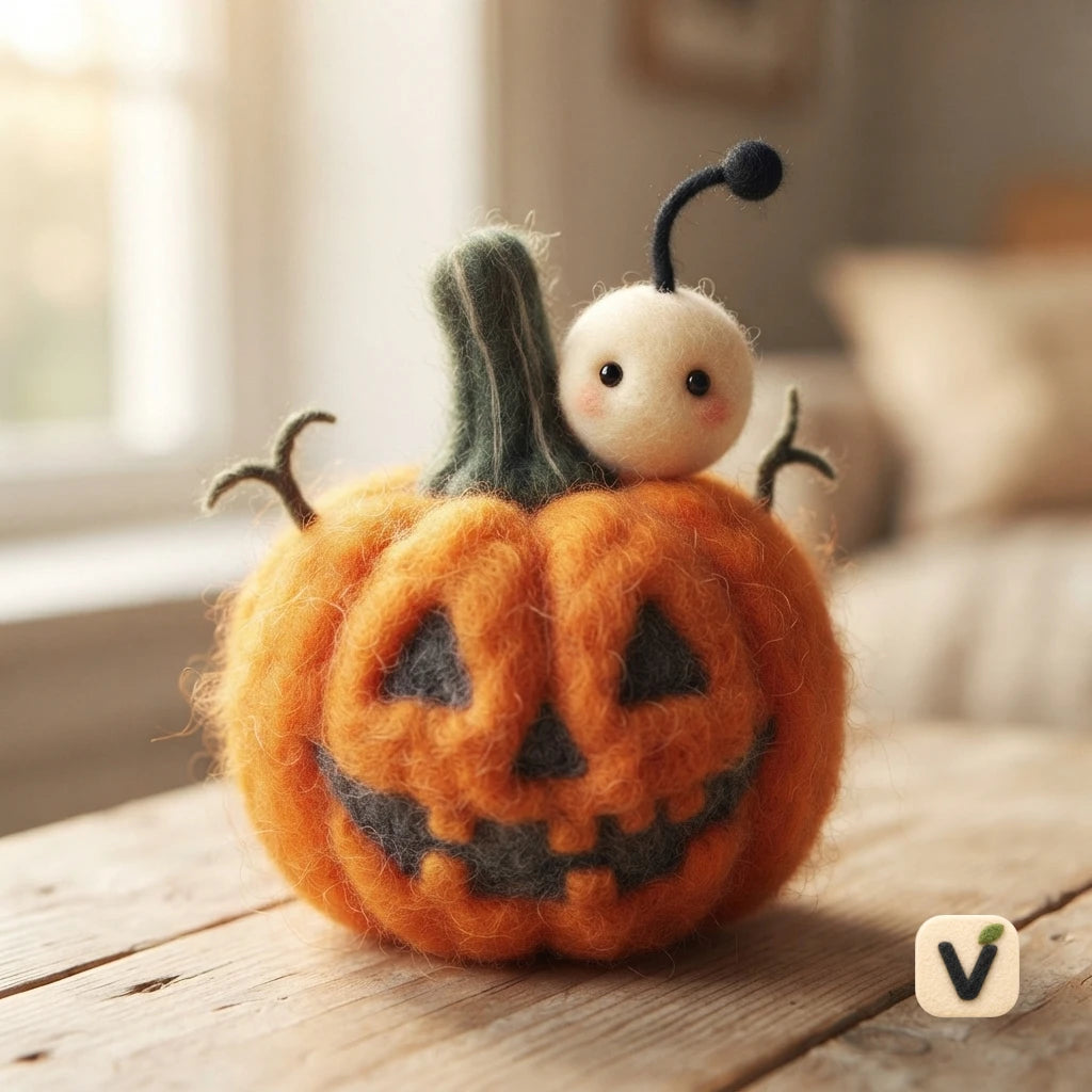 Handmade Wool Felt Halloween Pumpkin with Little Bug Companion – Festive Seasonal Desktop Decor