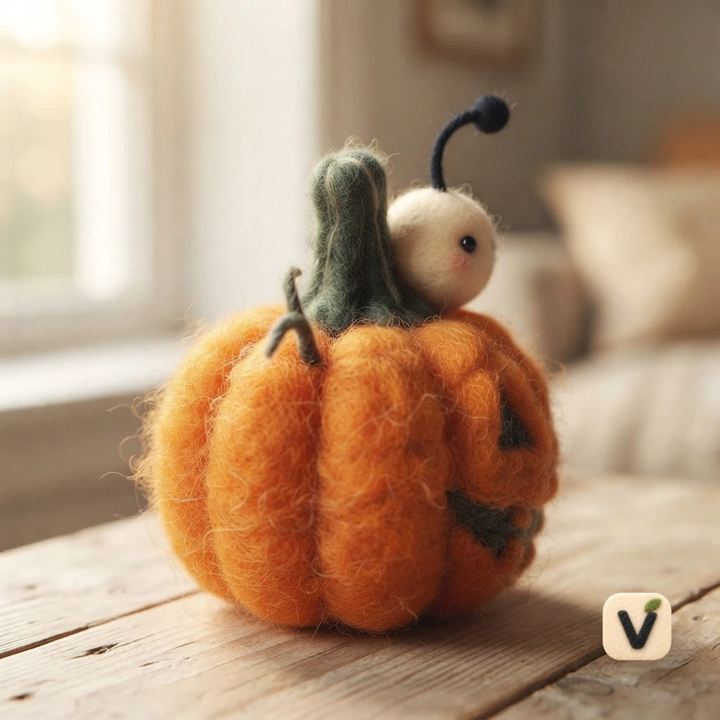 Handmade Wool Felt Halloween Pumpkin with Little Bug Companion – Festive Seasonal Desktop Decor