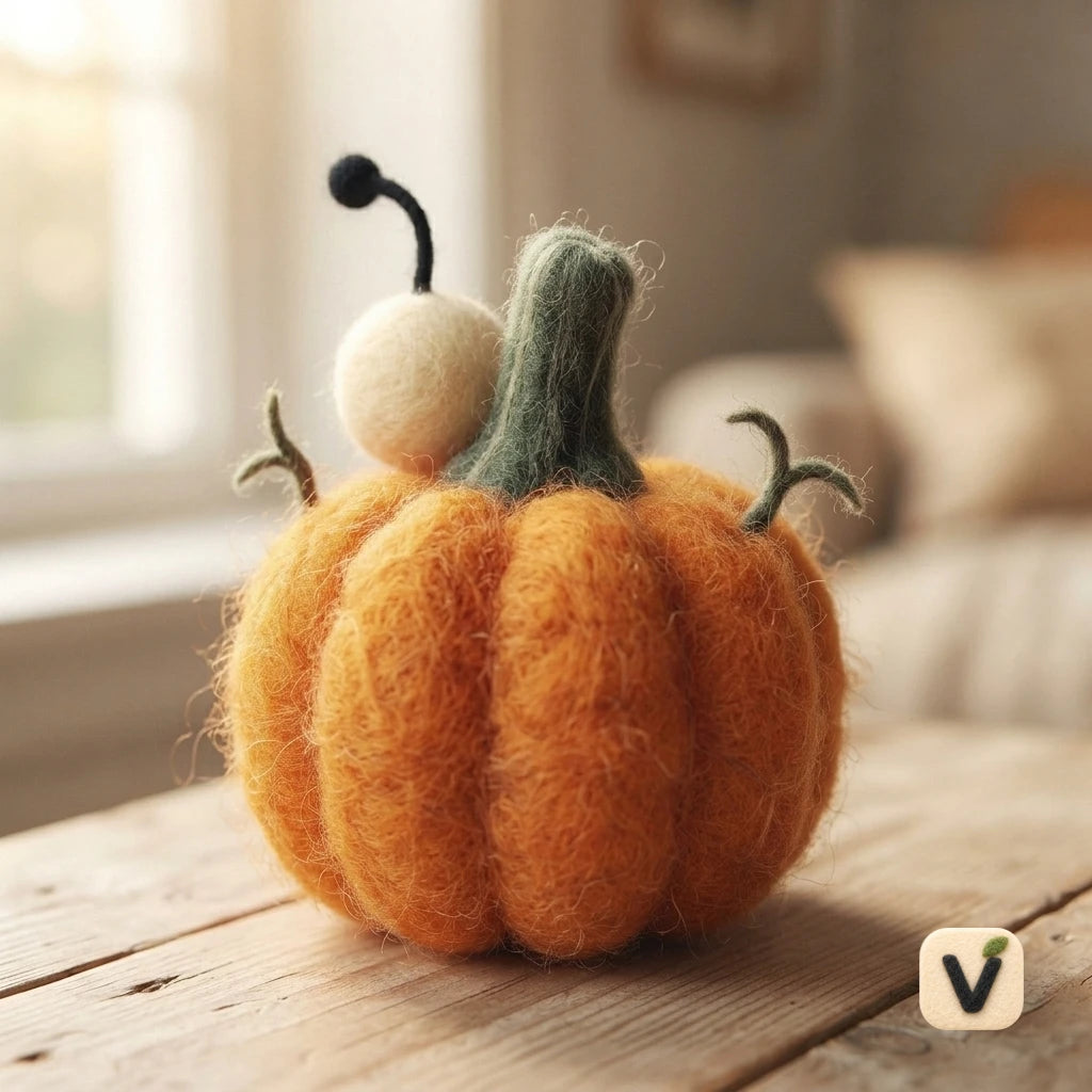 Handmade Wool Felt Halloween Pumpkin with Little Bug Companion – Festive Seasonal Desktop Decor