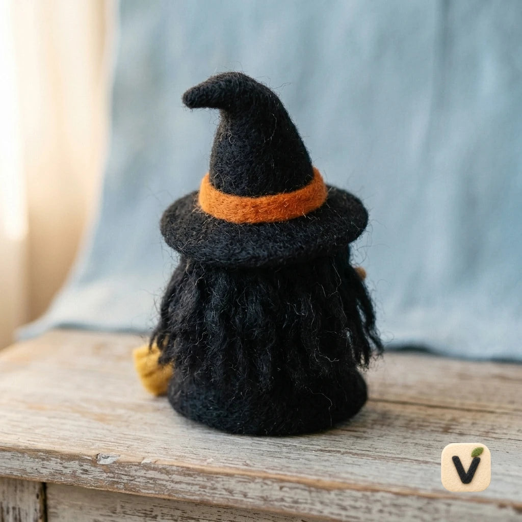 Handmade Wool Felt Cute Little Witch with Magic Broom – Halloween Themed Desktop Ornament