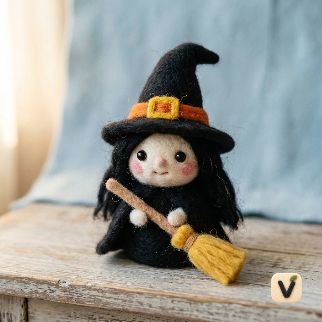 Handmade Wool Felt Cute Little Witch with Magic Broom – Halloween Themed Desktop Ornament