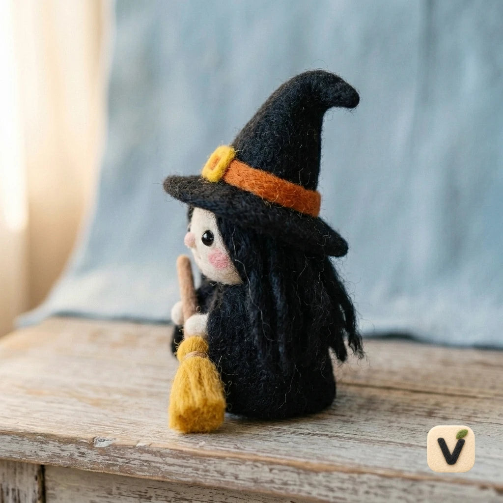 Handmade Wool Felt Cute Little Witch with Magic Broom – Halloween Themed Desktop Ornament