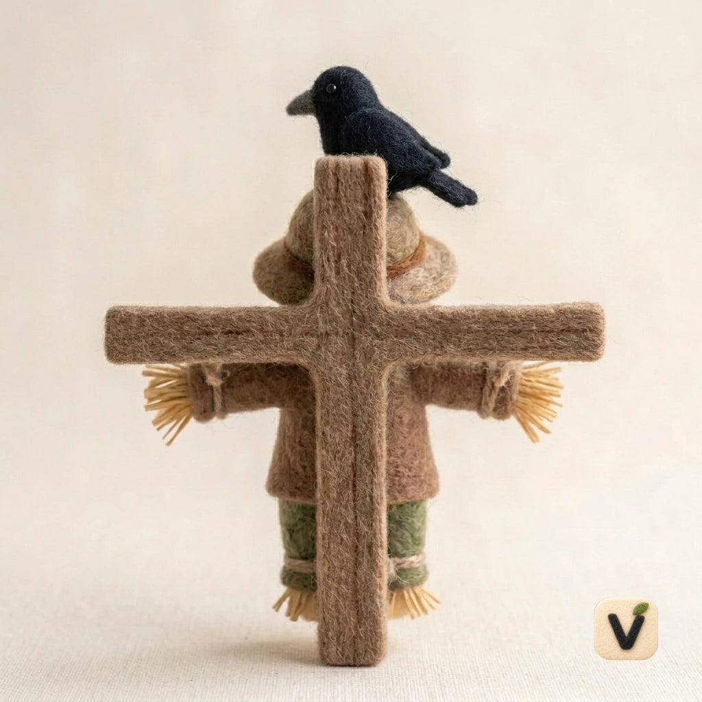 Handmade Wool Felt Scarecrow Figurine with Little Crow on Hat – Pastoral Farm Desktop Decor