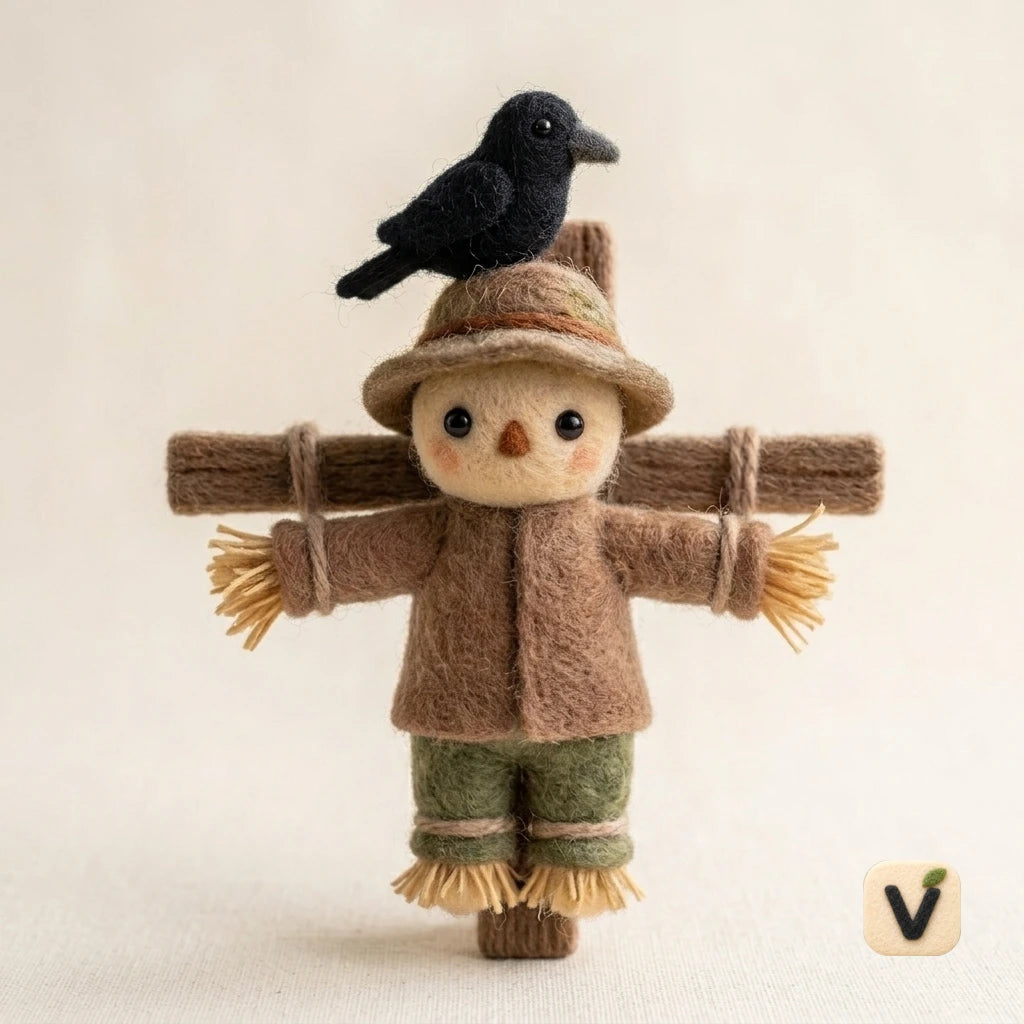 Handmade Wool Felt Scarecrow Figurine with Little Crow on Hat – Pastoral Farm Desktop Decor