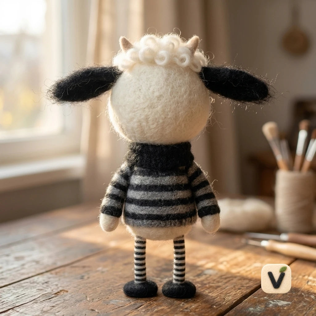 Handmade Wool Felt Gothic Style Hybrid Sheep Figurine with Stitched Smile – Alternative Style Desktop Ornament