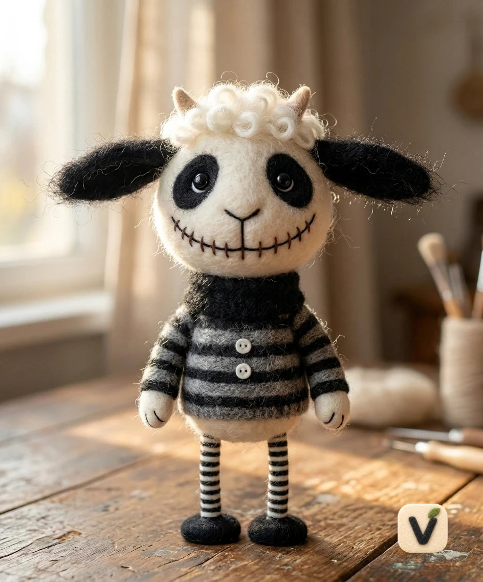 Handmade Wool Felt Gothic Style Hybrid Sheep Figurine with Stitched Smile – Alternative Style Desktop Ornament