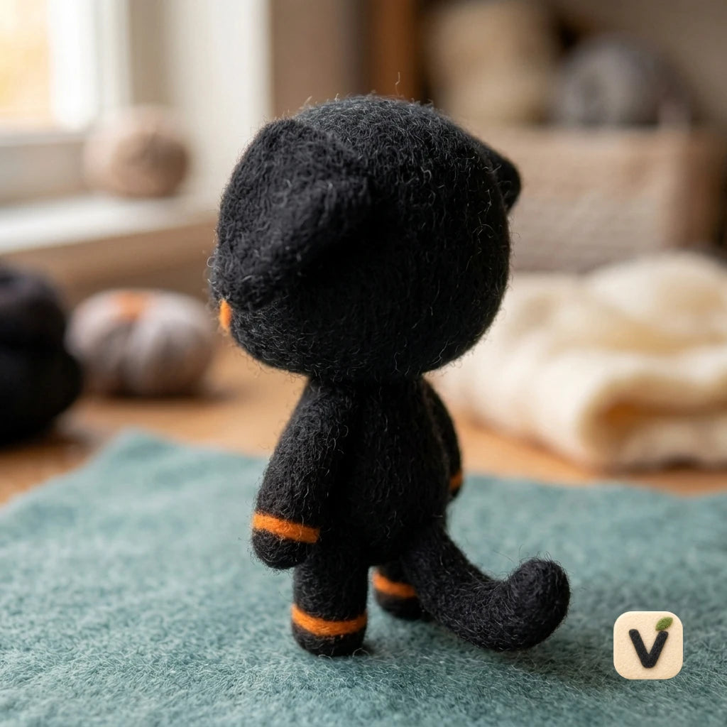 Handmade Wool Felt Halloween Black Puppy Figurine with Orange Accents – Spooky Cute Desktop Decor