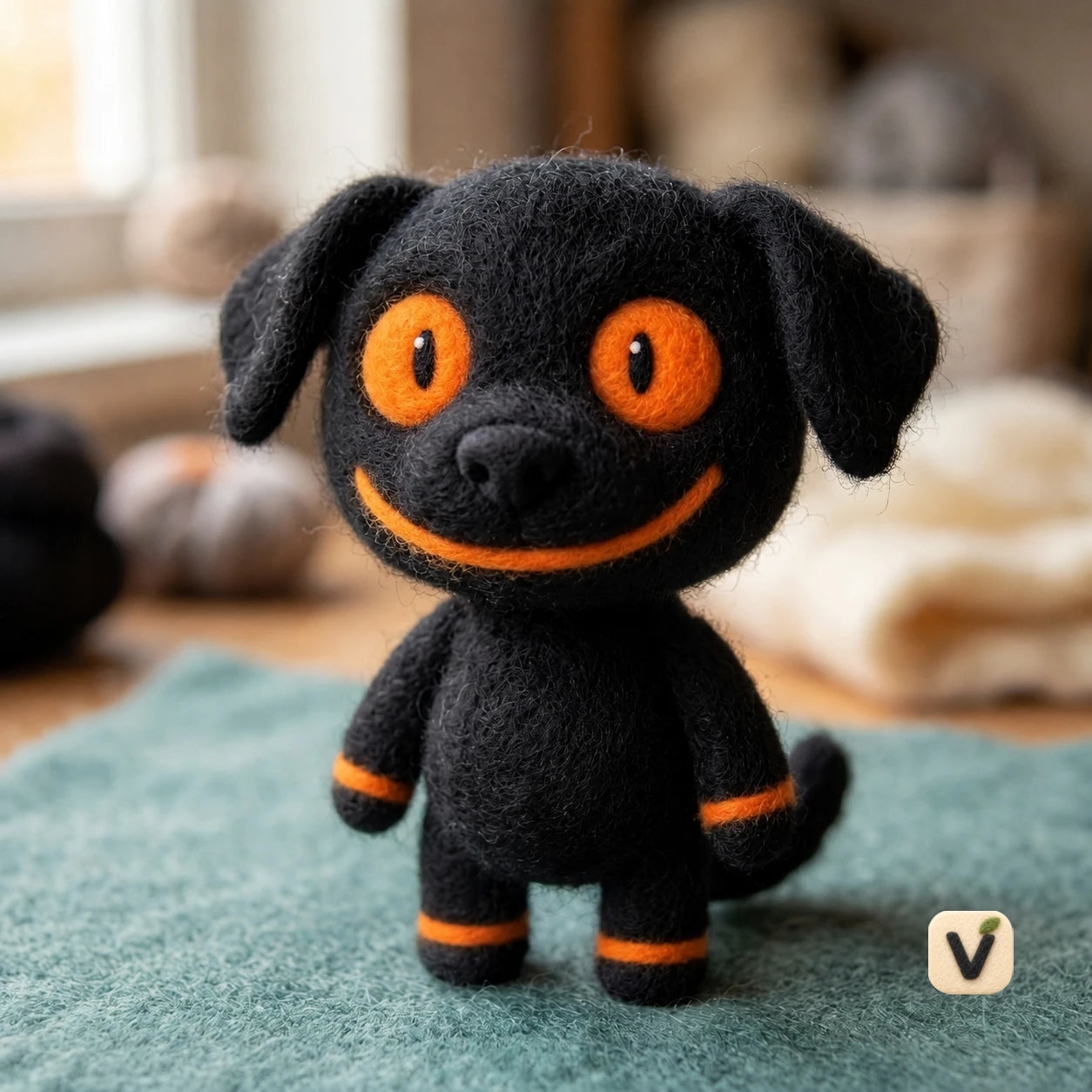 Handmade Wool Felt Halloween Black Puppy Figurine with Orange Accents – Spooky Cute Desktop Decor