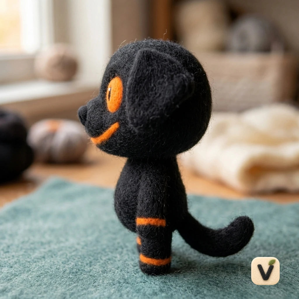 Handmade Wool Felt Halloween Black Puppy Figurine with Orange Accents – Spooky Cute Desktop Decor