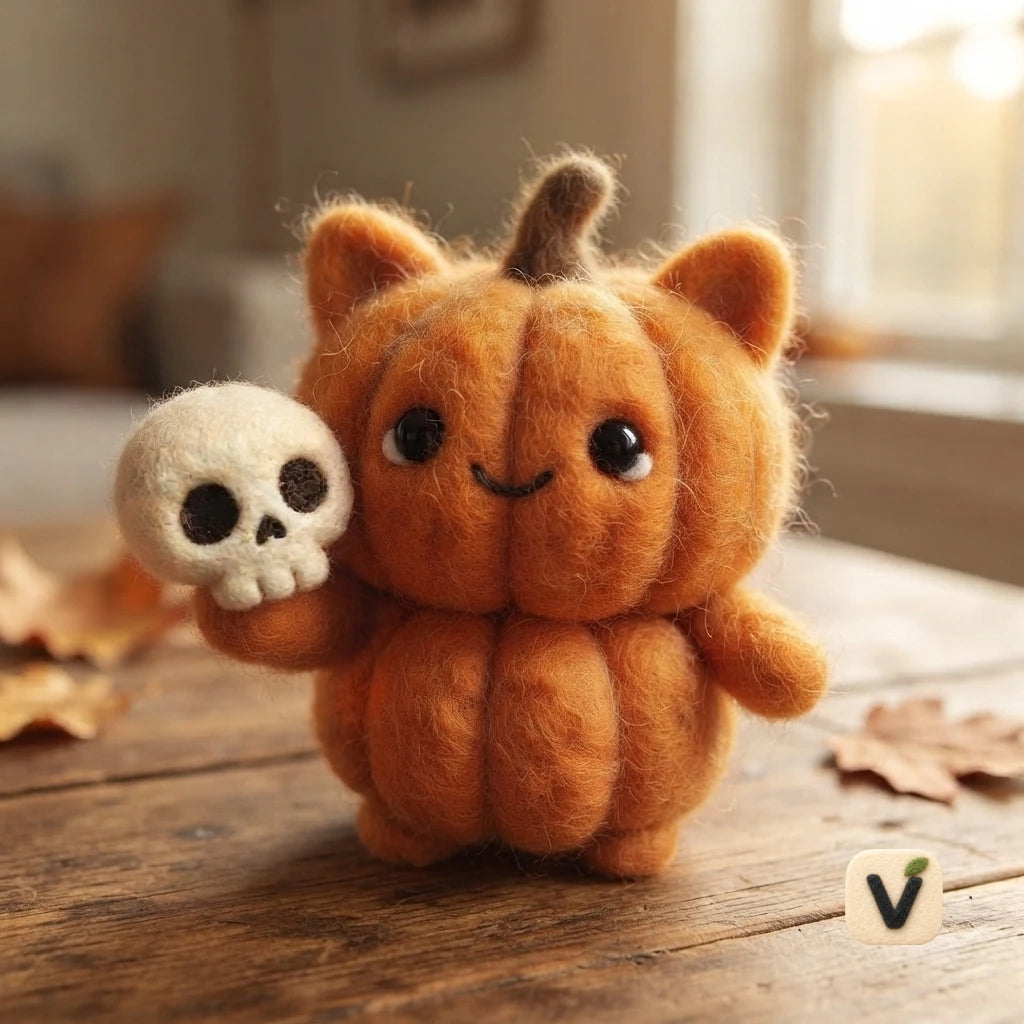 Handmade Wool Felt Pumpkin Cat Holding Mini Skull – Halloween Cute Spooky Tabletop Ornament