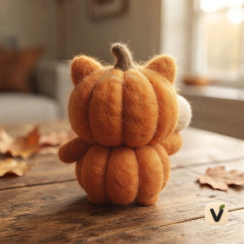 Handmade Wool Felt Pumpkin Cat Holding Mini Skull – Halloween Cute Spooky Tabletop Ornament