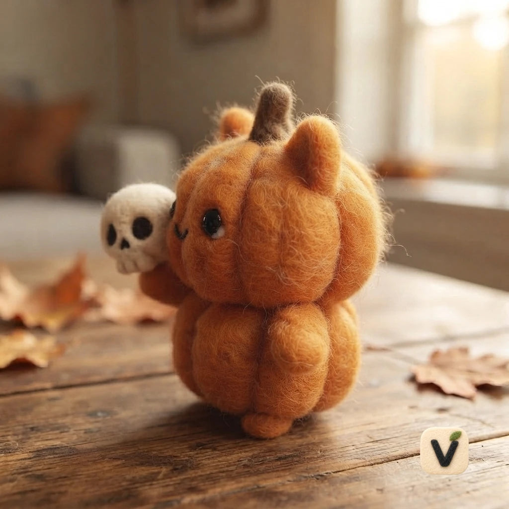 Handmade Wool Felt Pumpkin Cat Holding Mini Skull – Halloween Cute Spooky Tabletop Ornament