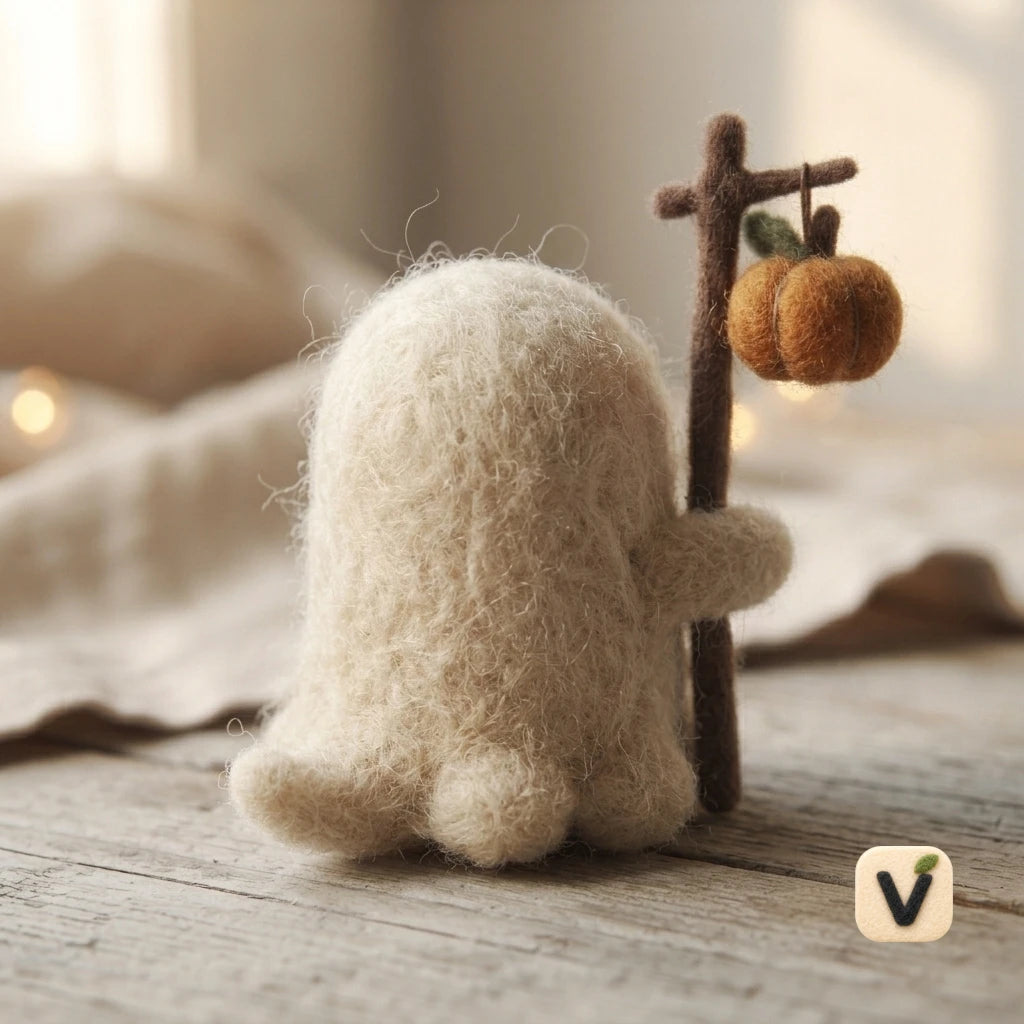Handmade Wool Felt Cute Ghost with Stick and Mini Pumpkin Lantern – Halloween Warm Style Desktop Ornament