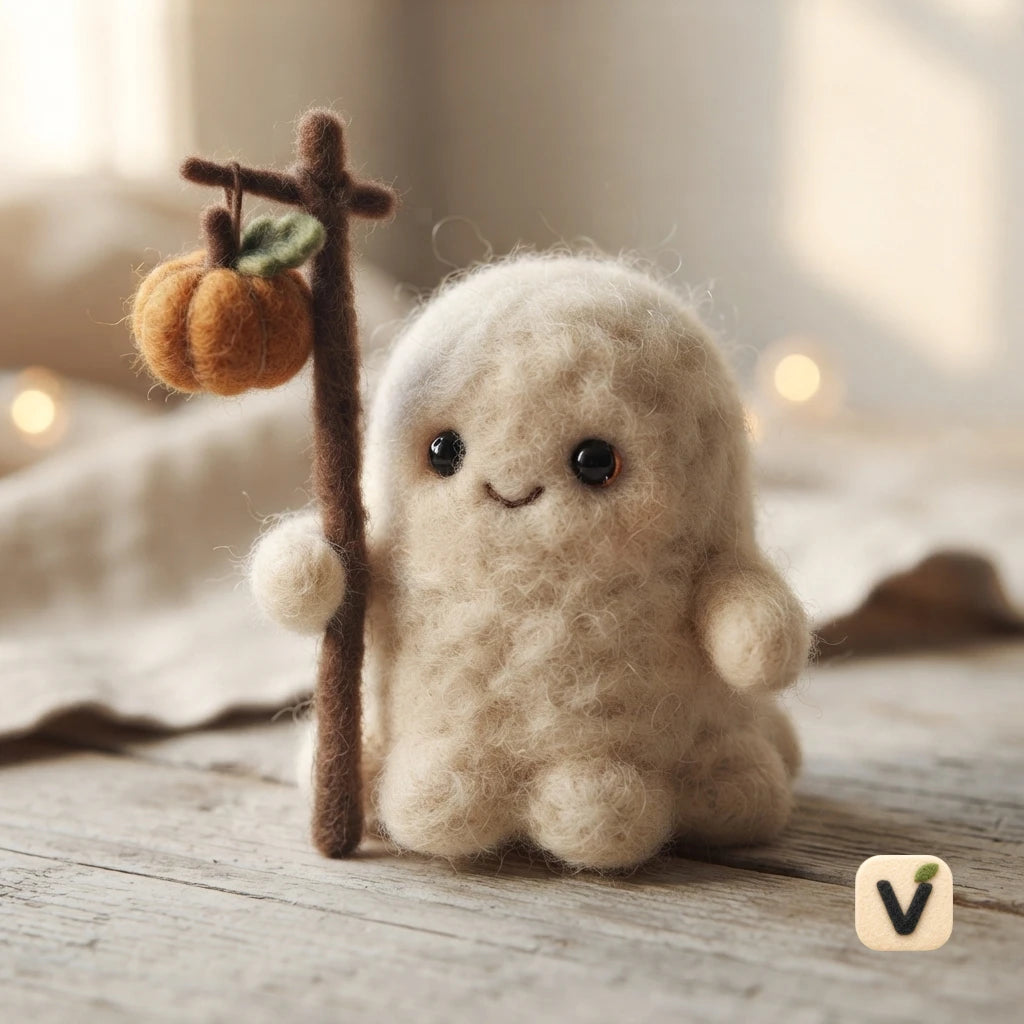 Handmade Wool Felt Cute Ghost with Stick and Mini Pumpkin Lantern – Halloween Warm Style Desktop Ornament
