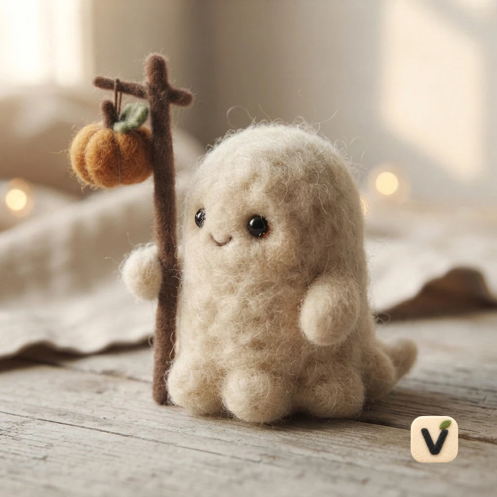 Handmade Wool Felt Cute Ghost with Stick and Mini Pumpkin Lantern – Halloween Warm Style Desktop Ornament