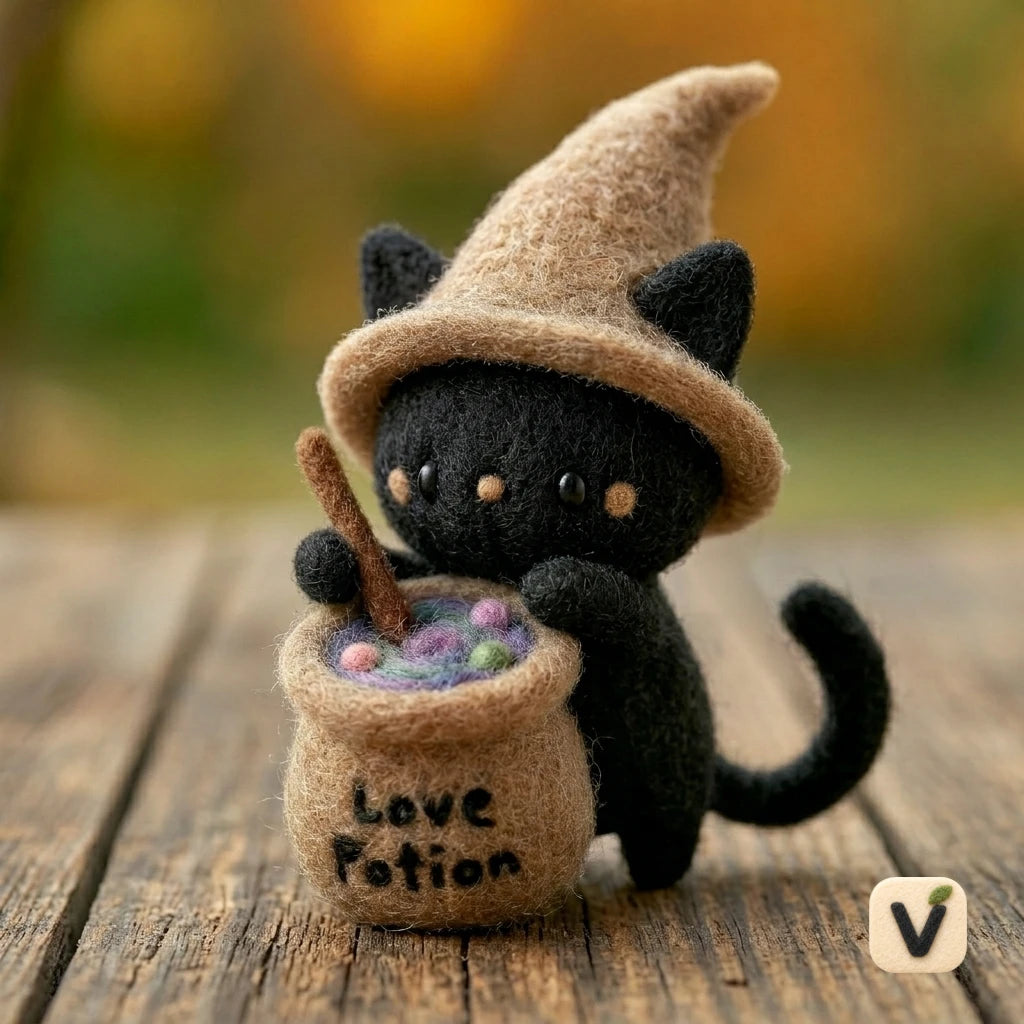 Handmade Wool Felt Wizard Black Cat Brewing Love Potion – Halloween Romantic Desktop Ornament