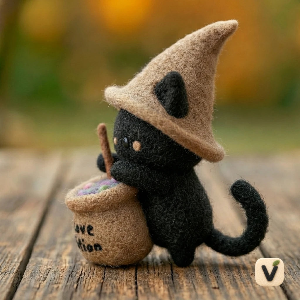 Handmade Wool Felt Wizard Black Cat Brewing Love Potion – Halloween Romantic Desktop Ornament