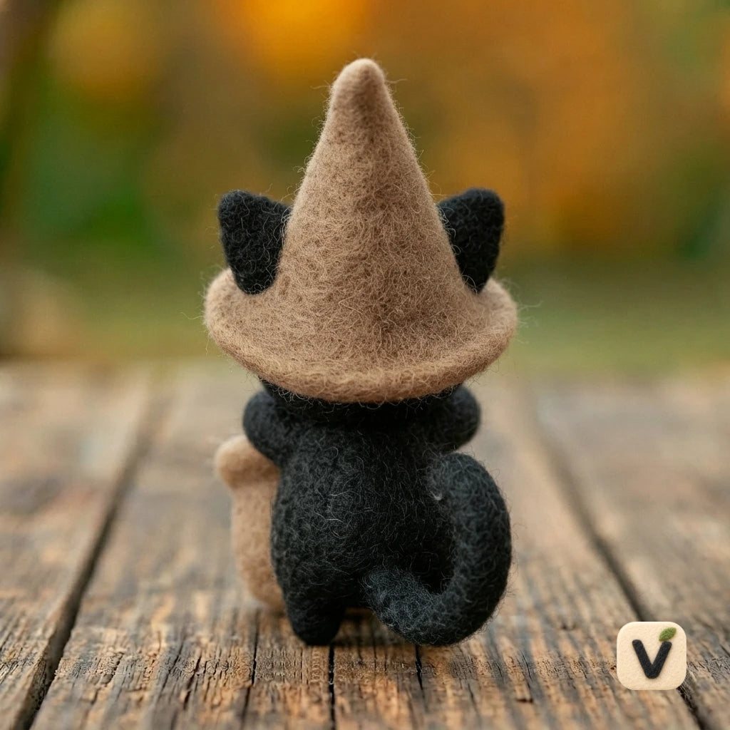 Handmade Wool Felt Wizard Black Cat Brewing Love Potion – Halloween Romantic Desktop Ornament