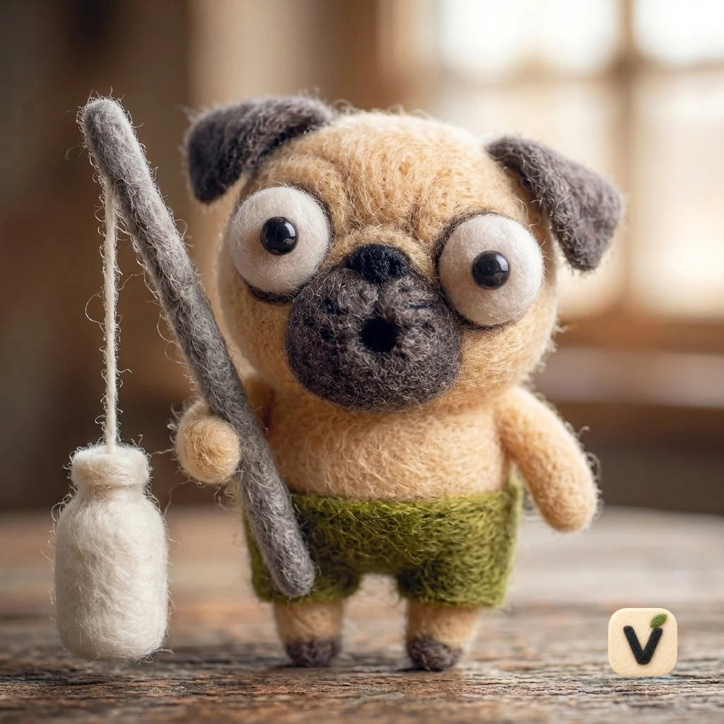 Handmade Wool Felt Pug Puppy Fishing with Bottle Bait – Leisure Life Desktop Ornament