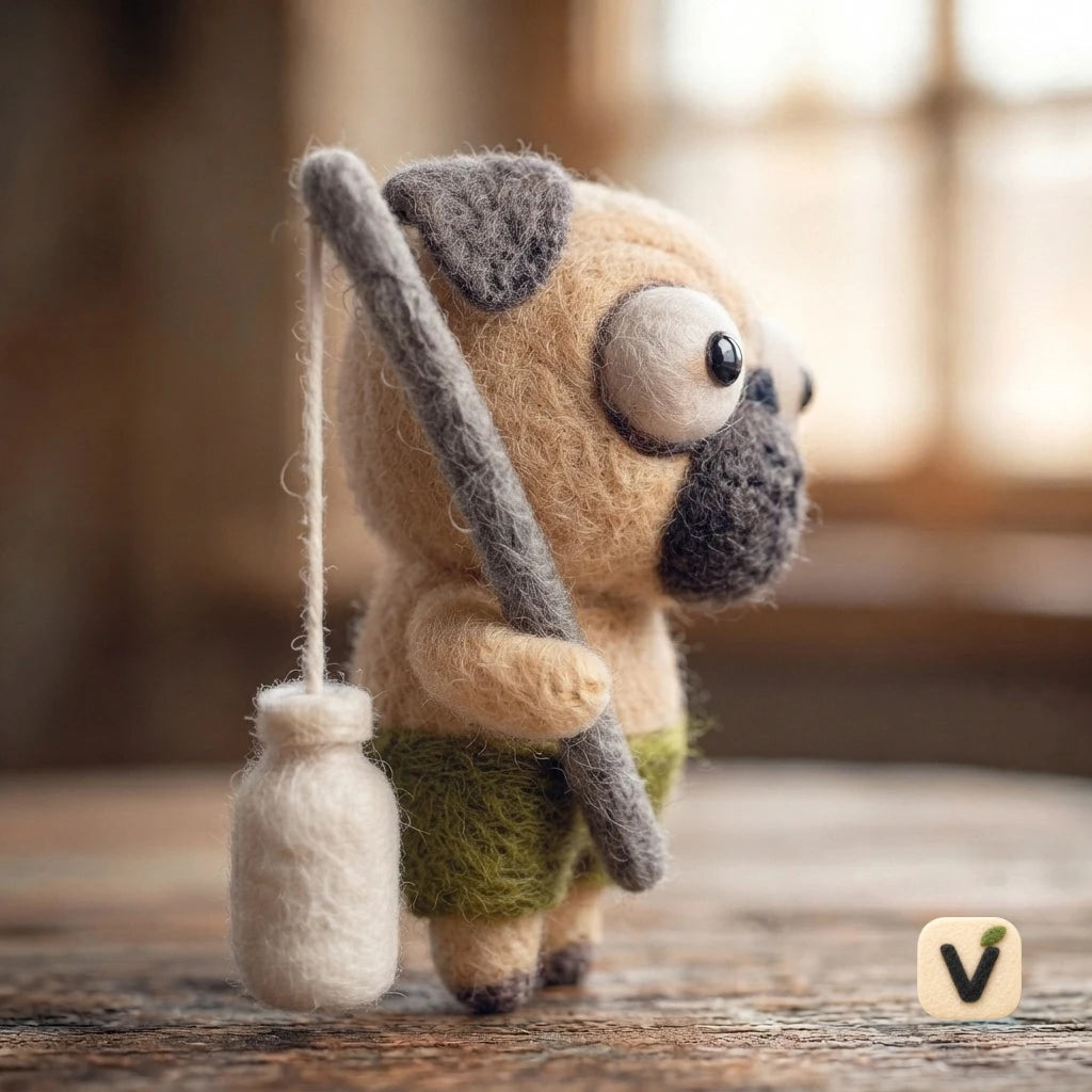 Handmade Wool Felt Pug Puppy Fishing with Bottle Bait – Leisure Life Desktop Ornament