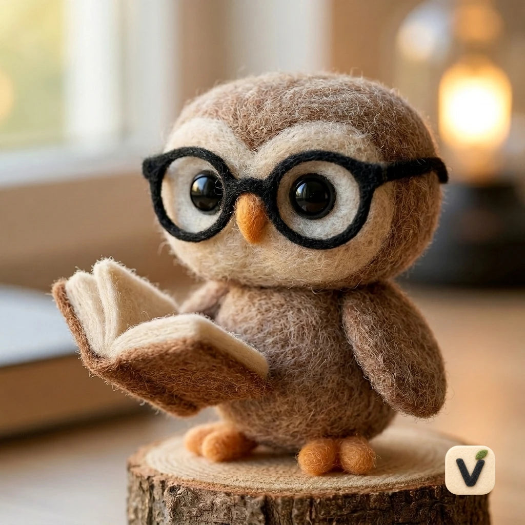Handmade Wool Felt Bookish Owl with Glasses Reading Book on Wood Stump – Study Themed Desktop Ornament