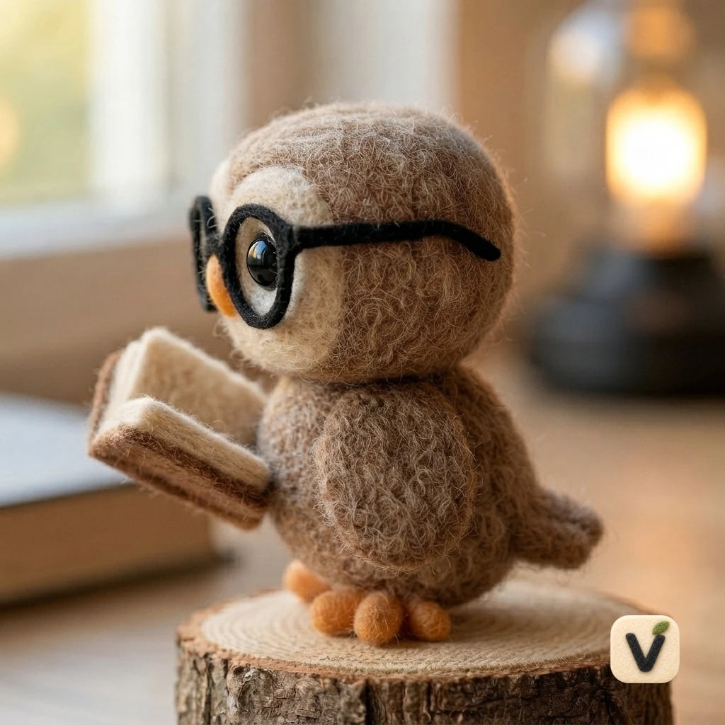 Handmade Wool Felt Bookish Owl with Glasses Reading Book on Wood Stump – Study Themed Desktop Ornament