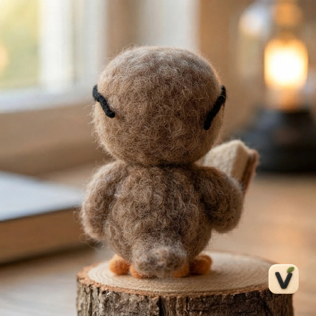 Handmade Wool Felt Bookish Owl with Glasses Reading Book on Wood Stump – Study Themed Desktop Ornament