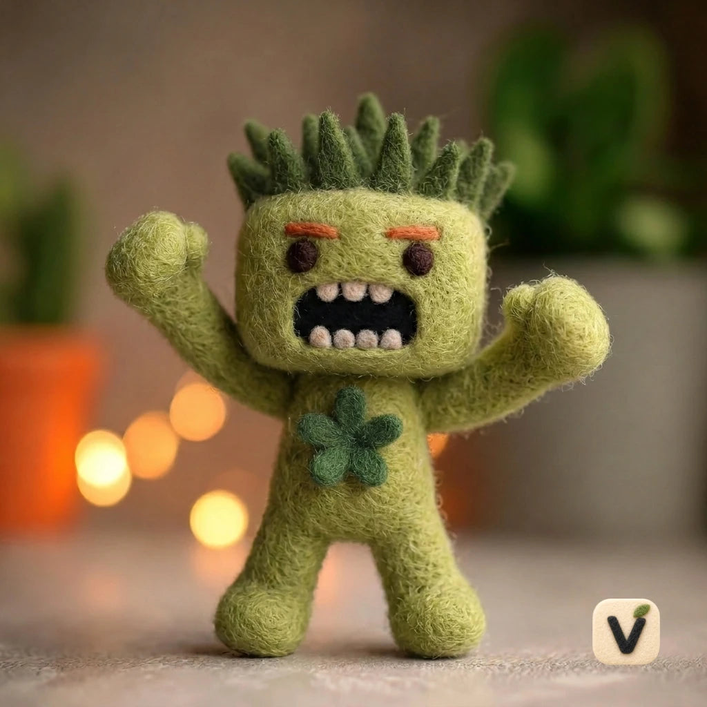 Handmade Wool Felt Cheerful Fist Pump Cactus Character Figurine – Inspirational Desktop Ornament