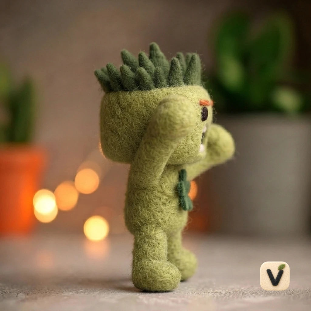 Handmade Wool Felt Cheerful Fist Pump Cactus Character Figurine – Inspirational Desktop Ornament