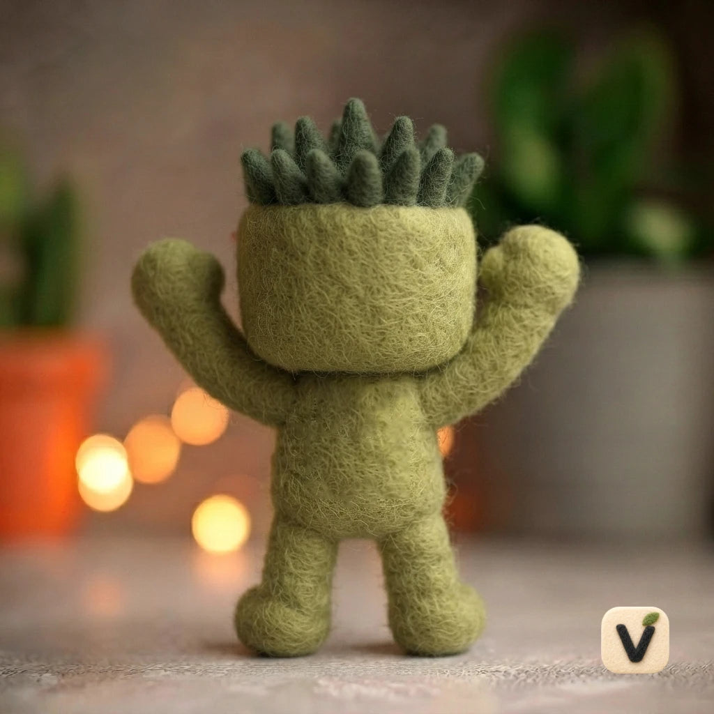 Handmade Wool Felt Cheerful Fist Pump Cactus Character Figurine – Inspirational Desktop Ornament