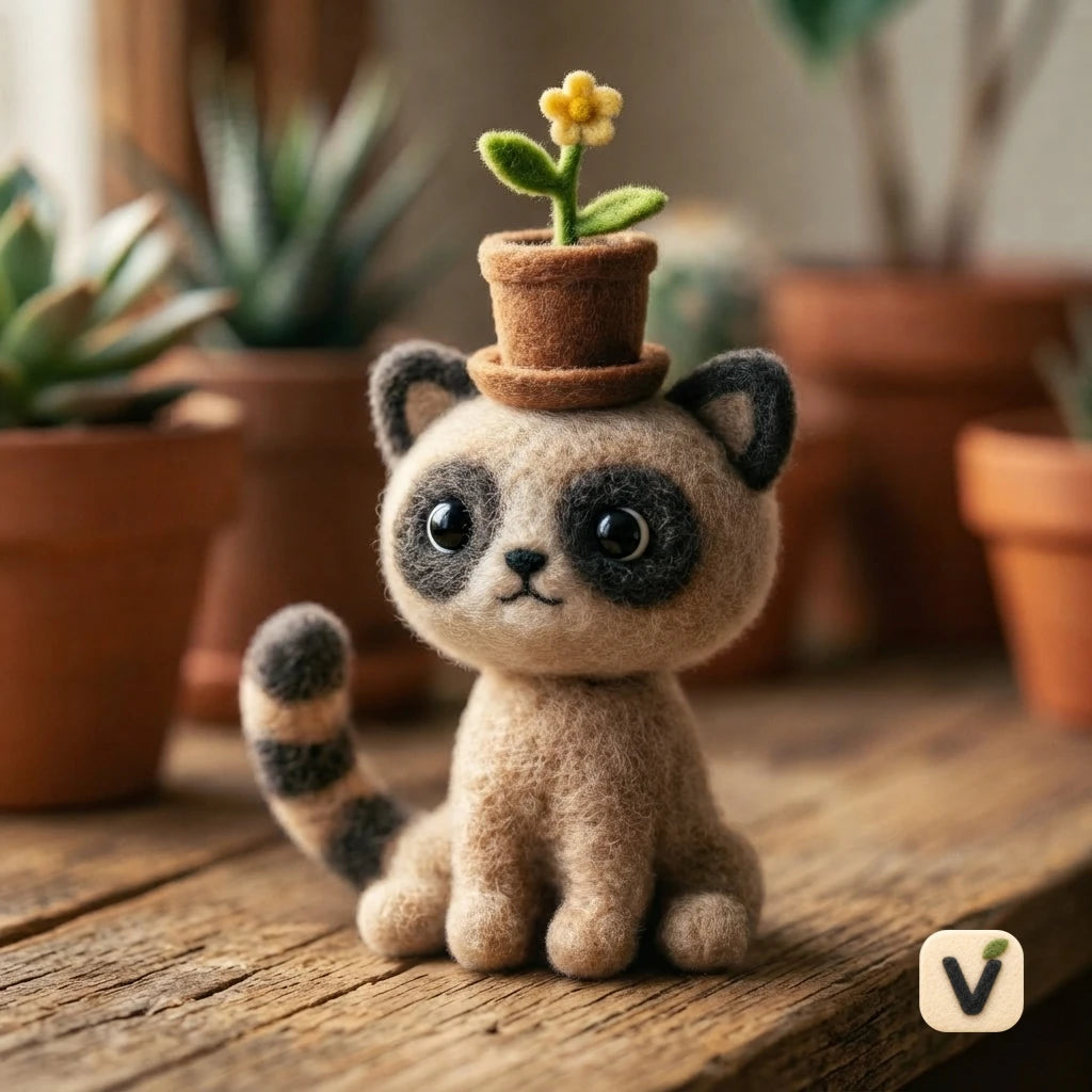 Handmade Wool Felt Kitty Cat with Mini Flower Pot Hat – Warm Growth Themed Desktop Ornament