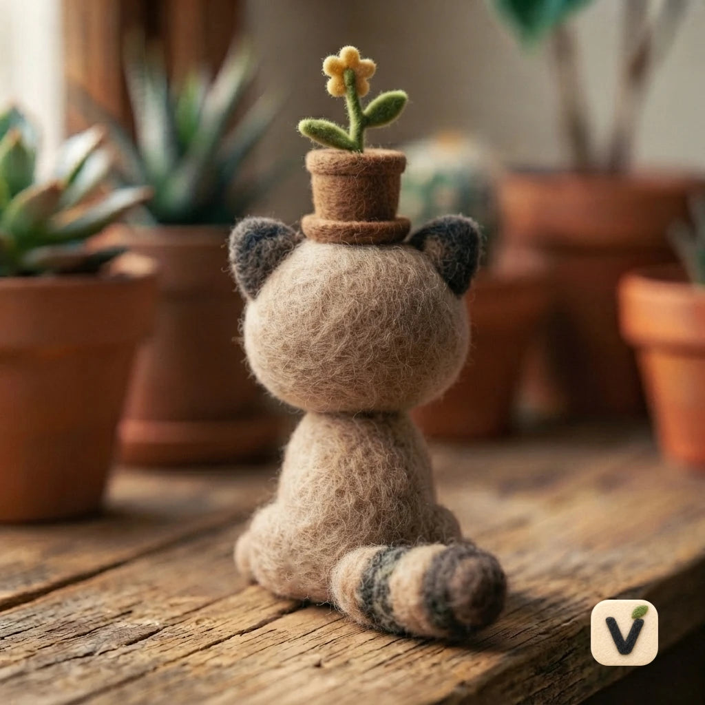 Handmade Wool Felt Kitty Cat with Mini Flower Pot Hat – Warm Growth Themed Desktop Ornament